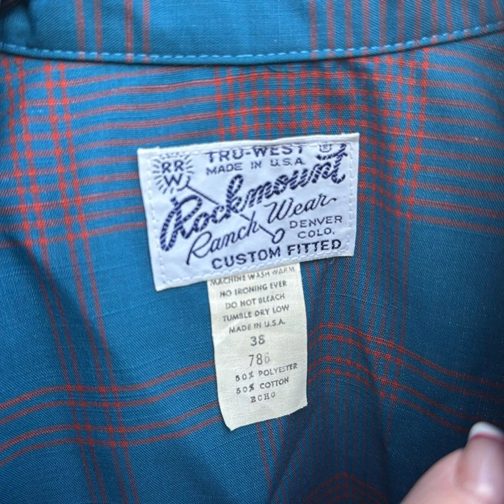 Nos Vintage Rockmount 38 Teal Rust Plaid Pearl Snap Blouse USA made - Picture 3 of 9